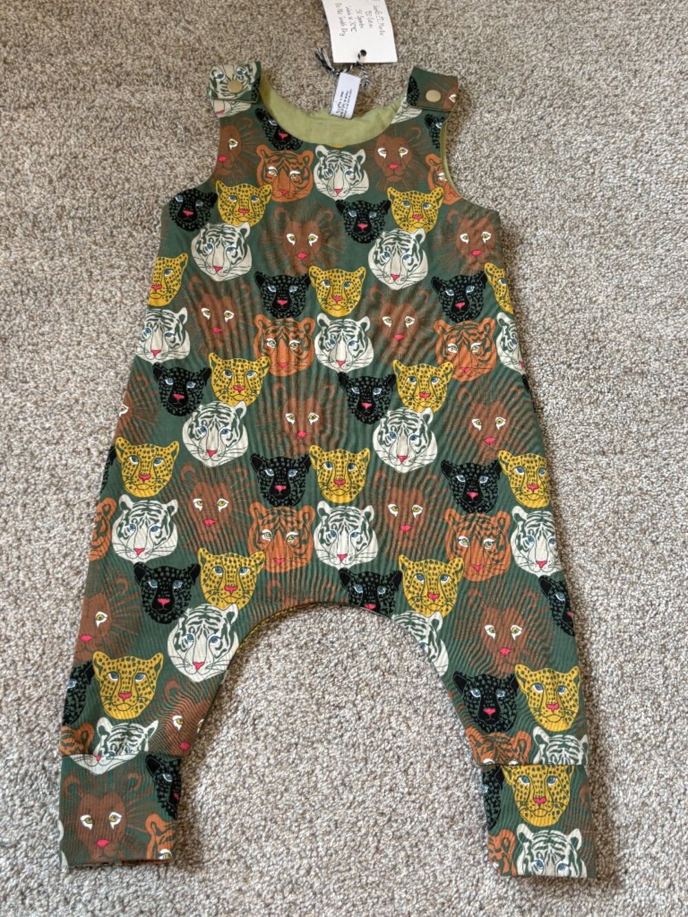 Gorgeous Handmade Baby Overalls Emma Neale NEW 6-9 month Tigers Leopard Big Cats